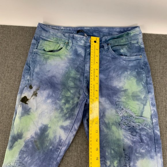 Unique Mens Embellish Tie Dye Jeans Distressed Ripped 30 Cotton Spandex Blue - Picture 2 of 16